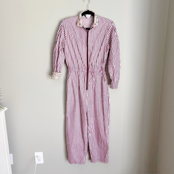 BURU Moms Only Jumpsuit in stripe outfit zip front floral details small S - Picture 2 of 7